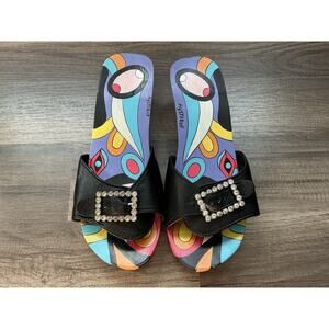 Mystique Black Leather slide Wooden Sandal Rhinestone Buckle 10